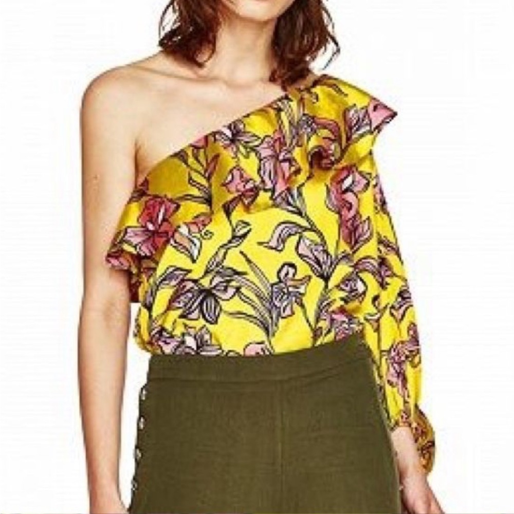 Zara Accessories Yellow & Pink Floral Ruffled One Shoulder Body Suit Size Medium
